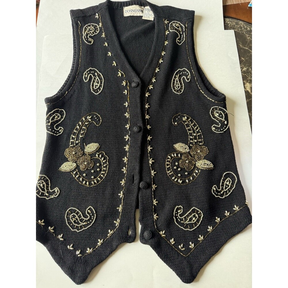 Vintage Donnkenny Beaded Paisley Sweater Vest Women S Black Gold Boho